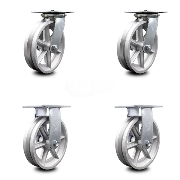 8 Inch V Groove Semi Steel Caster Set with Ball Bearings 2 Swivel 2 Rigid SCC